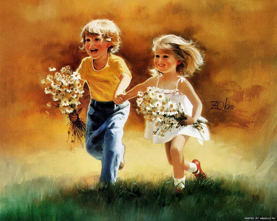 Дональд Золан.Детство - улыбка, дети, детство, мальчик, букет, счастье, девочка, цветы - оригинал