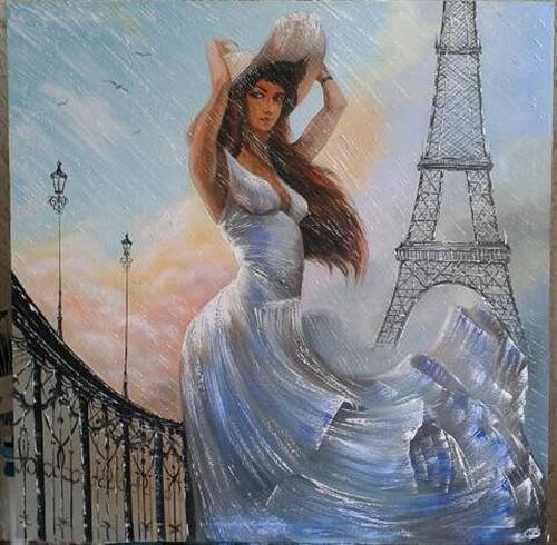 дождь в Париже - город, девушка - оригинал