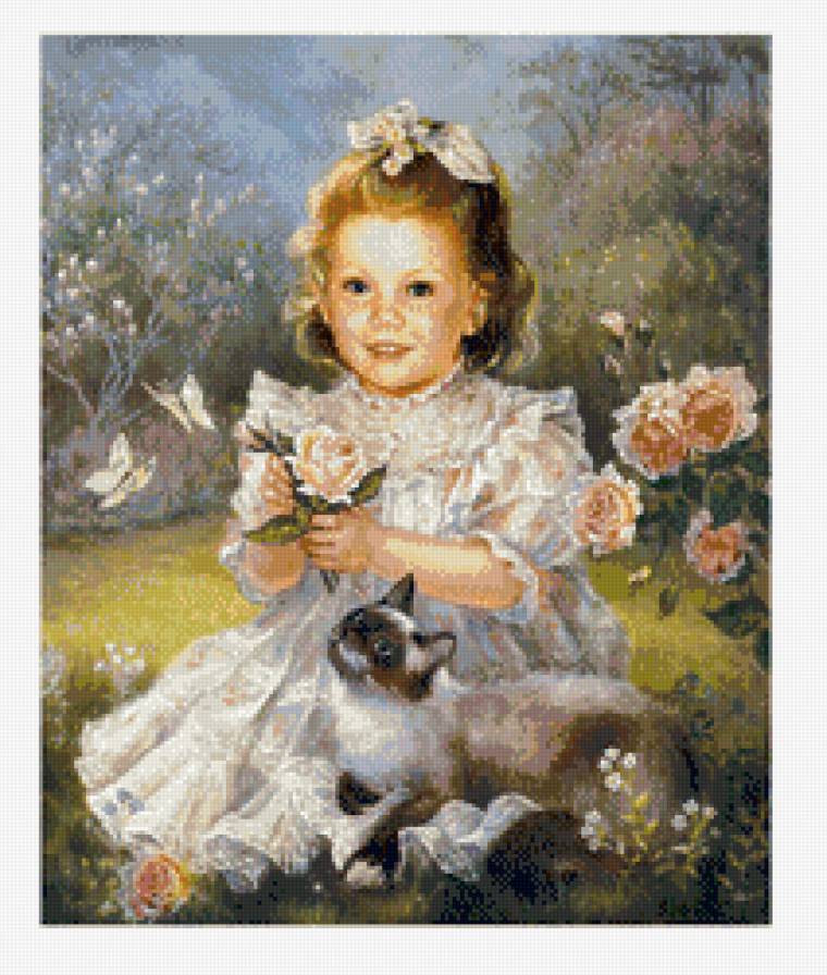 Девочка и кот - девочка, кот, цветы - предпросмотр