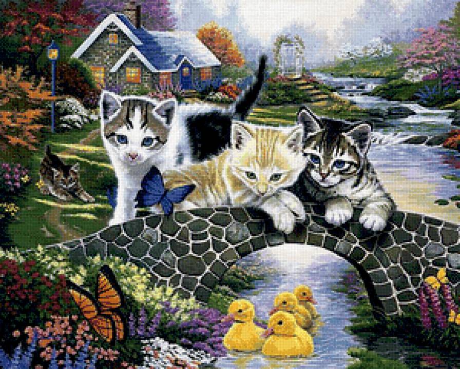 Котята и утята - бабочки, утята, река, мостик, пейзаж, котята, животные, лето - предпросмотр