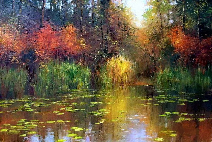 озеро в лесу - природа, лес, пейзаж, озеро, осень, краски, henryk radziszewski - оригинал
