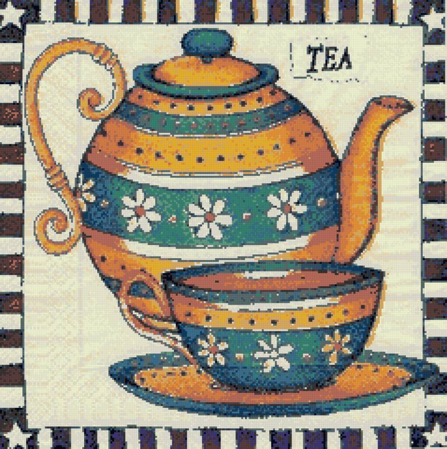 картинка на кухню - рамка, заварочный, чай, чашка, чайник - предпросмотр