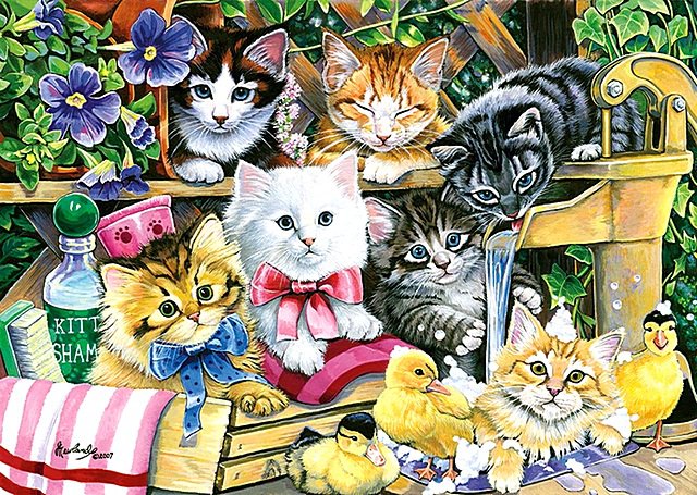 Котята в саду - котята, кошки, утята, сад, животные, цветы - оригинал