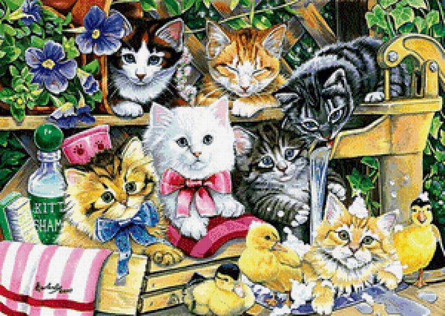 Котята в саду - цветы, сад, кошки, котята, утята, животные - предпросмотр