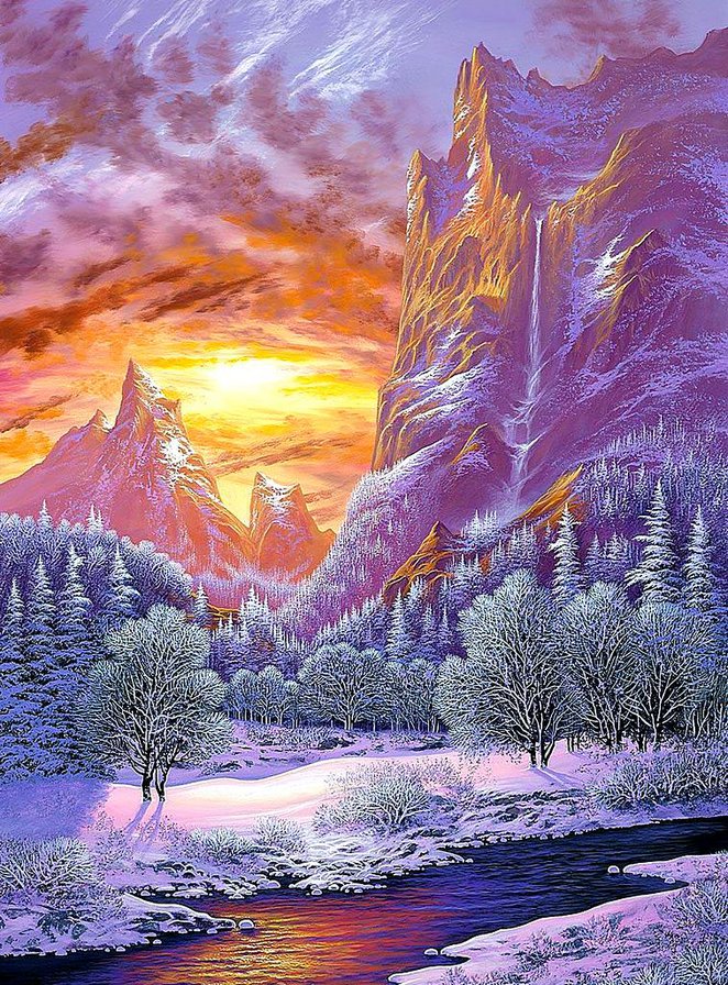 Зима в горах - зима, закат, елочки, горы, солнце, пейзаж - оригинал