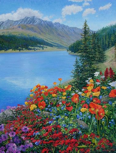 Цветущий берег - река, пейзаж, берег, цветы - оригинал