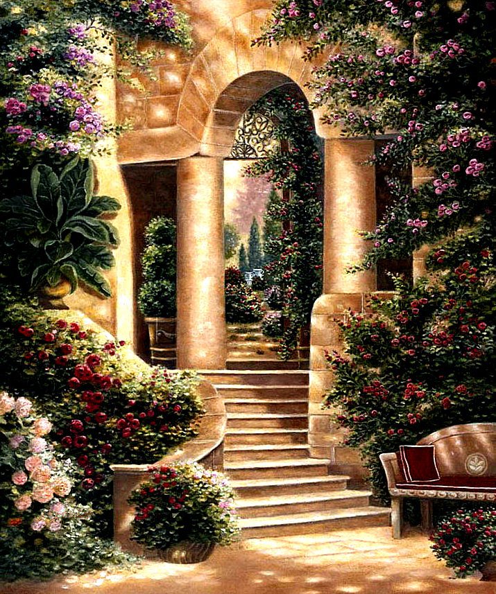 Цветущий сад - сад, цветы, лестница, дворик - оригинал