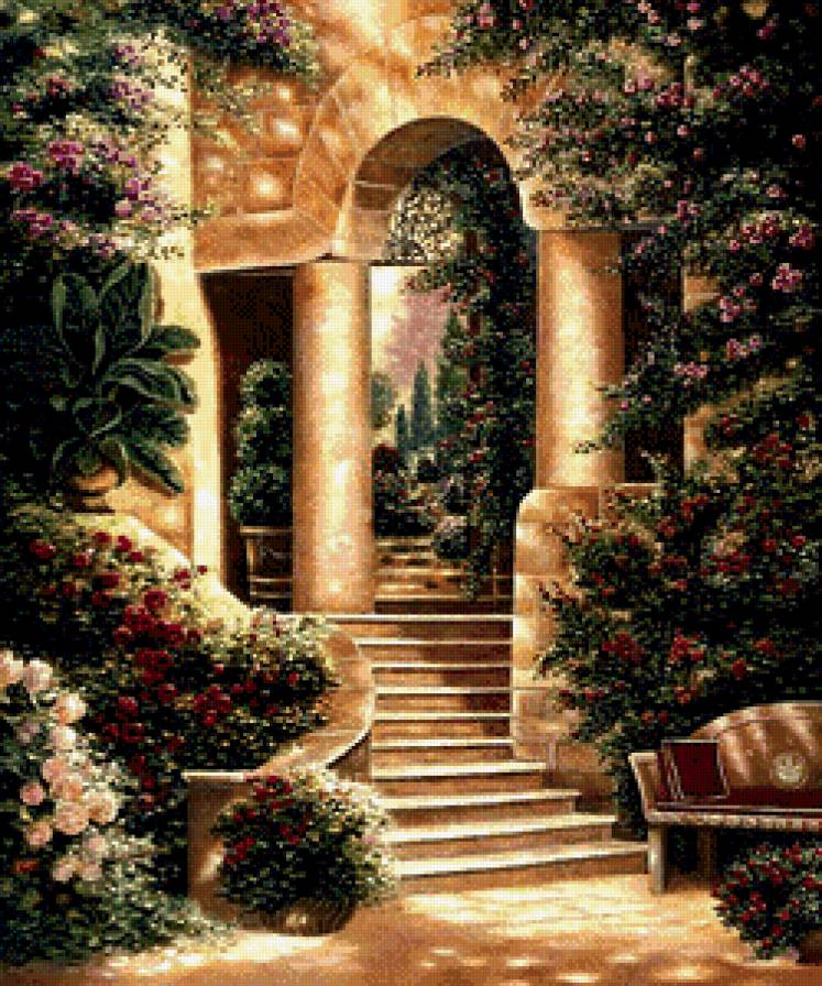 Цветущий сад - дворик, цветы, сад, лестница - предпросмотр