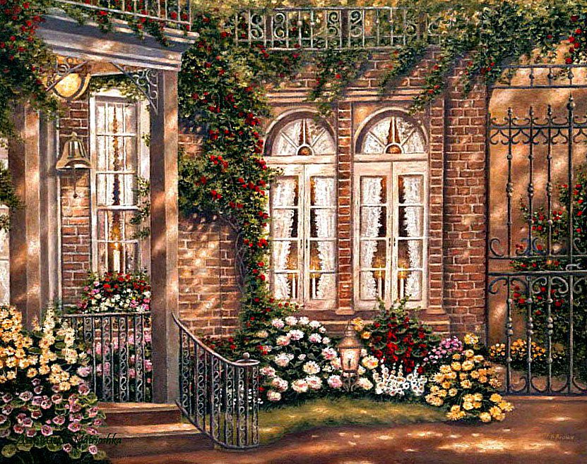 Цветочный дворик - дворик, цветы, дом - оригинал