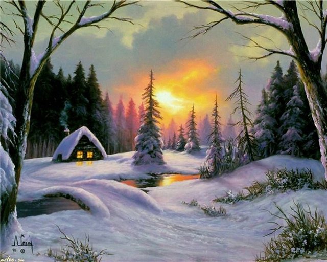 зимний закат - зима, пейзаж - оригинал