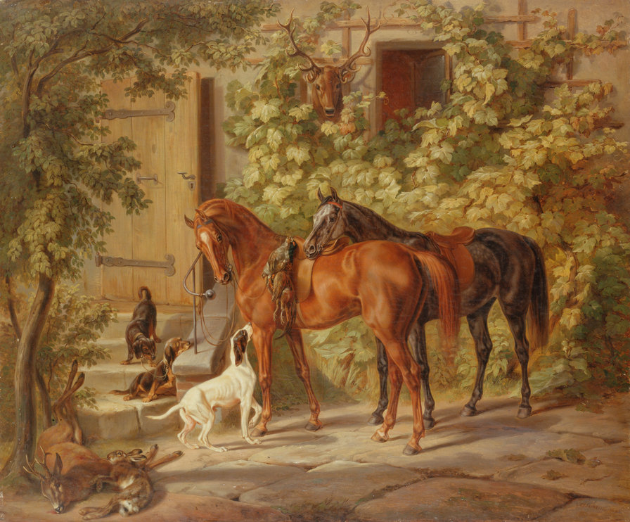 Лошади - деревня, двор, собаки, лошади - оригинал