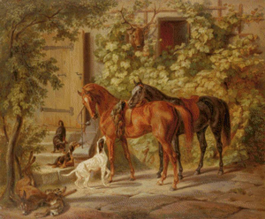 Лошади - деревня, двор, собаки, лошади - предпросмотр