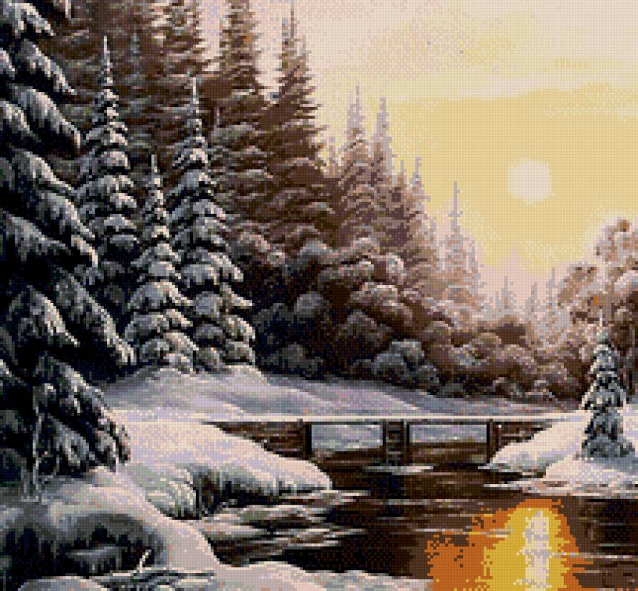 А.Найдёнов.Зимний пейзаж - мостик, деревья, вода, пейзаж, зима, живопись - предпросмотр