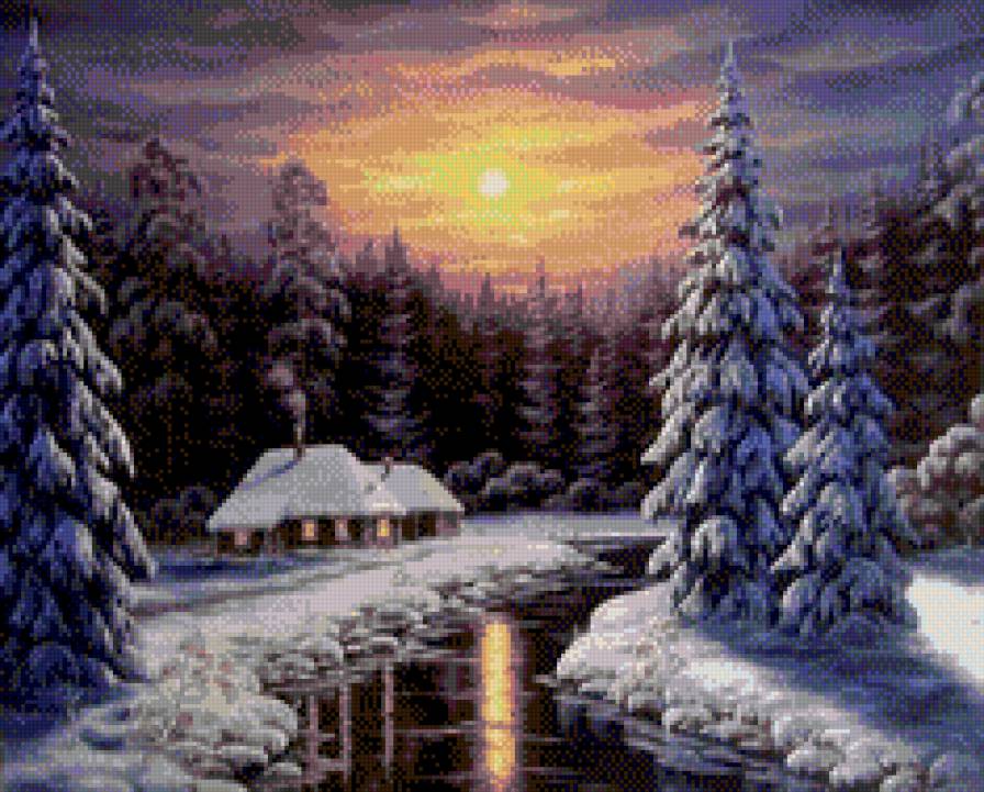 Ночь - вода, деревья, зима, пейзаж, домик, живопись, ночь - предпросмотр