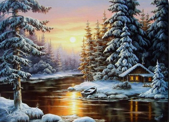 Зимний пейзаж - вода, снег, пейзаж, зима, лес, домик, живопись - оригинал