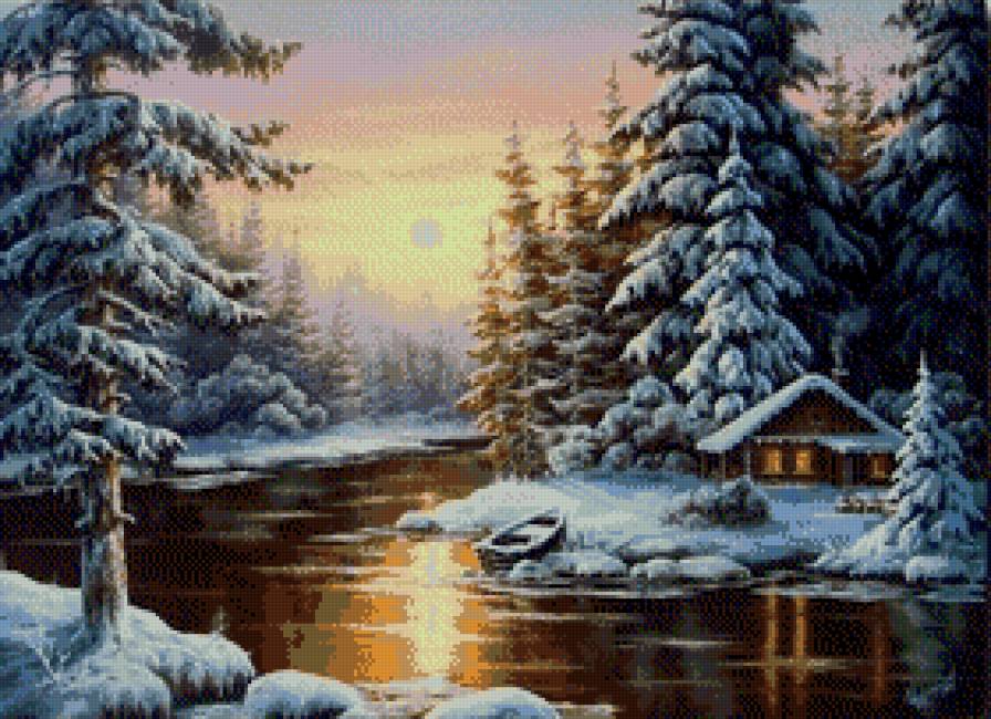 Зимний пейзаж - снег, живопись, лес, зима, пейзаж, вода, домик - предпросмотр