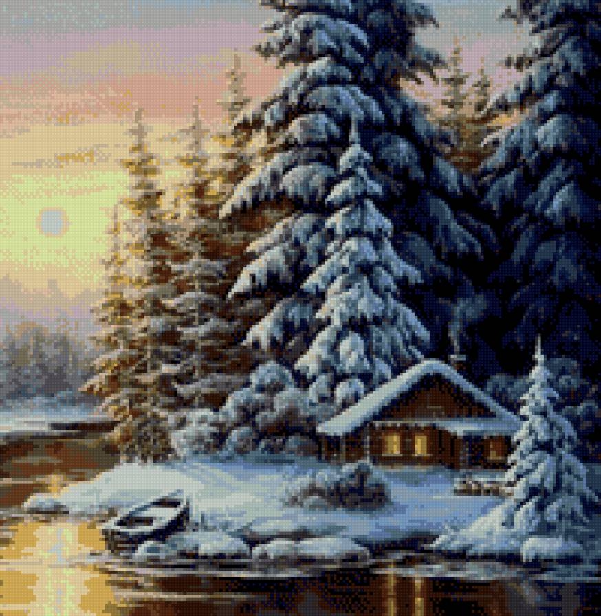 Зимний пейзаж( фрагмент) - зима, вода, пейзаж, снег, живопись, лес, домик - предпросмотр