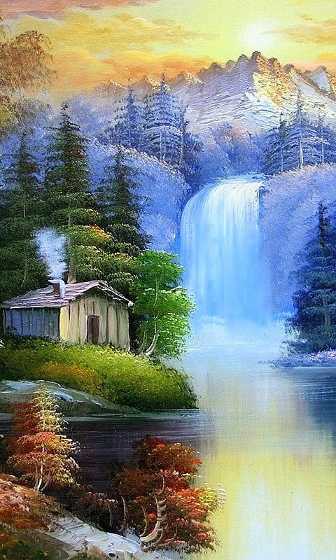 домик у водопада - водопад, горы, дом, природа - оригинал
