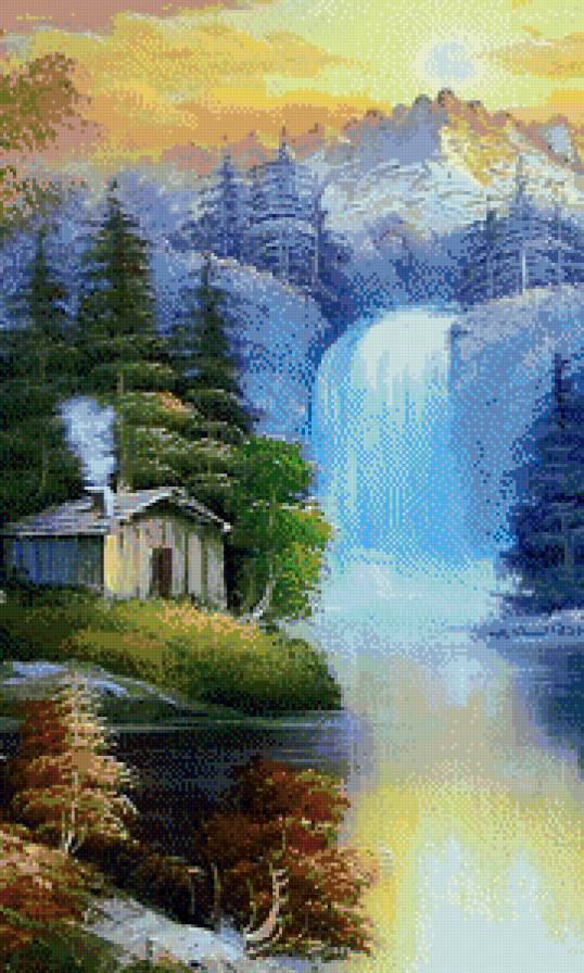 домик у водопада - дом, природа, горы, водопад - предпросмотр