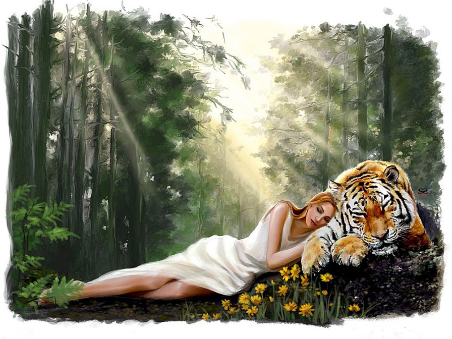 в гармонии с природой - девушка, тигр, сон, природа, чудесное мгновение - оригинал