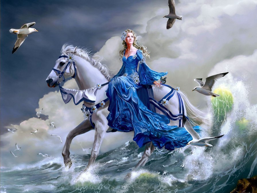 Девушка на коне - девушка, море, чайки, конь - оригинал