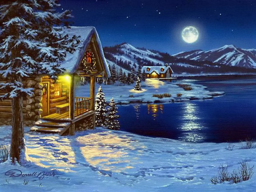 лунная зимняя ночь - ночь, пейзаж, зима, луна - оригинал