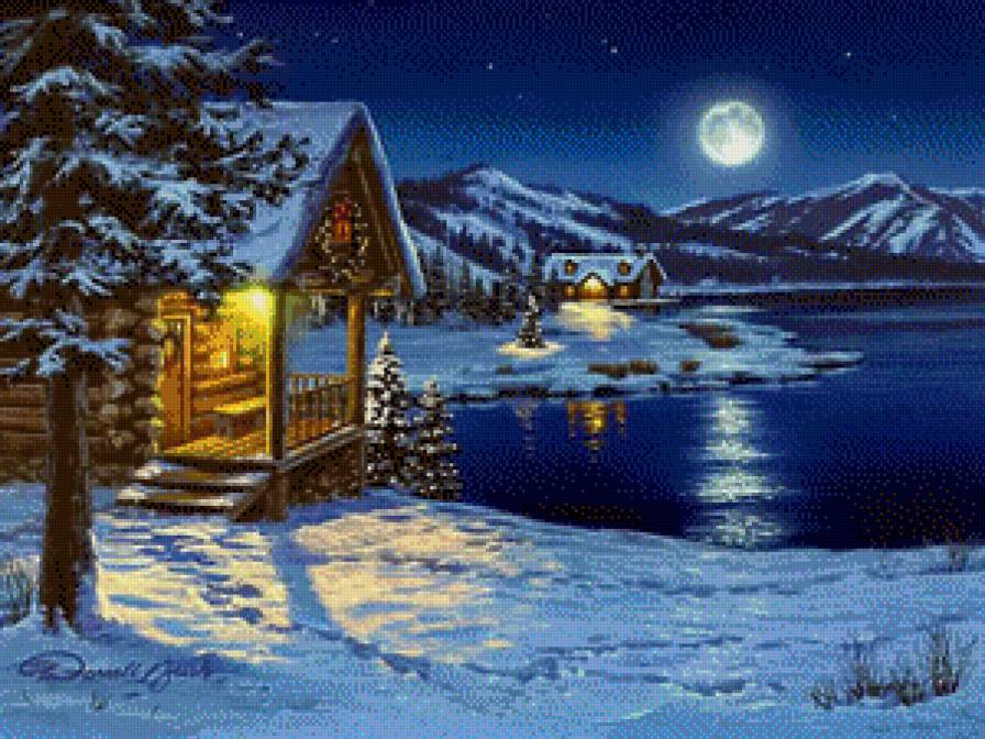 лунная зимняя ночь - луна, пейзаж, зима, ночь - предпросмотр