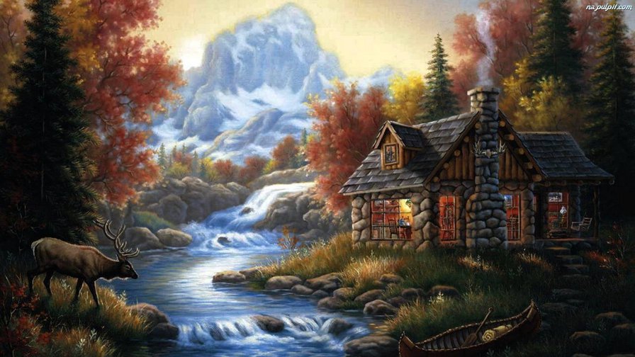 дом - олень, дом, природа, река, лес - оригинал