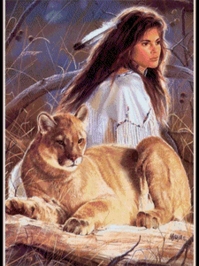девушка и львица - девушка, животные - предпросмотр