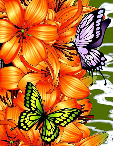 Лилии и бабочки - лилии, бабочки, цветы - оригинал