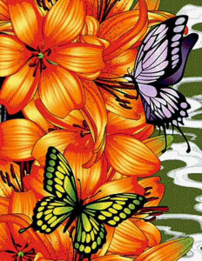 Лилии и бабочки - лилии, цветы, бабочки - предпросмотр