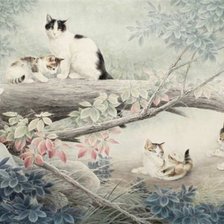 Оригинал схемы вышивки «кошачье семейство» (№614687)
