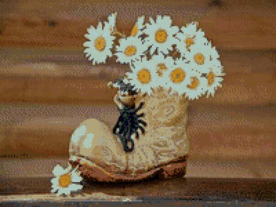 ромашки в ботинке - натюрморт, ромашки, цветы - предпросмотр