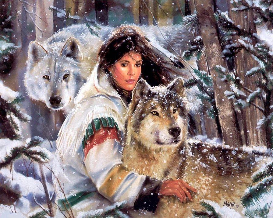 Коллекция "Волки" - волки, девушка, животные - оригинал