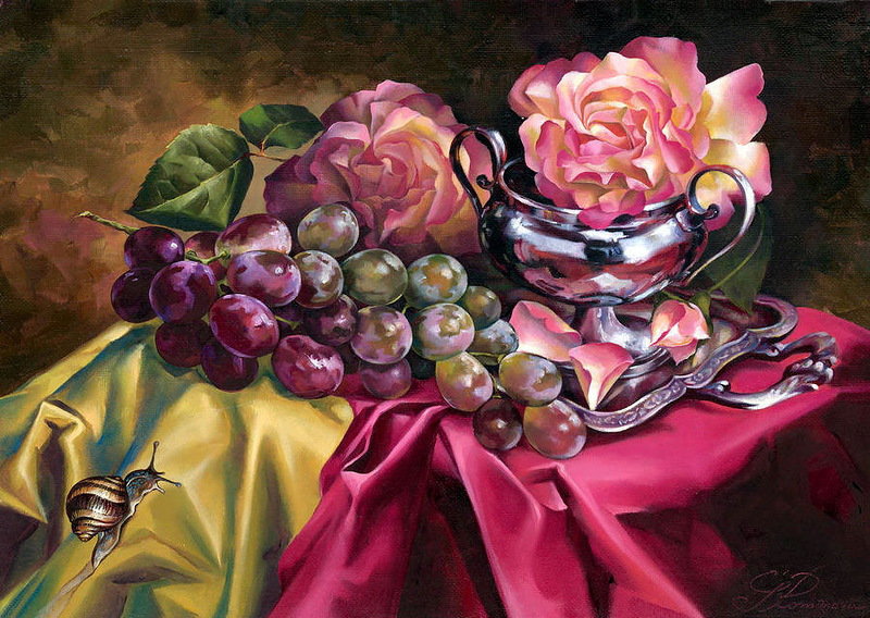 натюрморт "Виноград и розы" - цветы, виноград, улитка, розы, натюрморт - оригинал