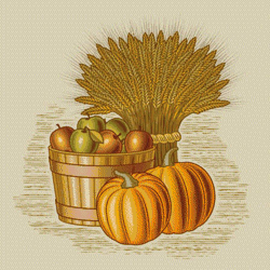 Осенний натюрморт - натюрморт, тыква, пшеница, фрукты, яблоки, овощи - предпросмотр