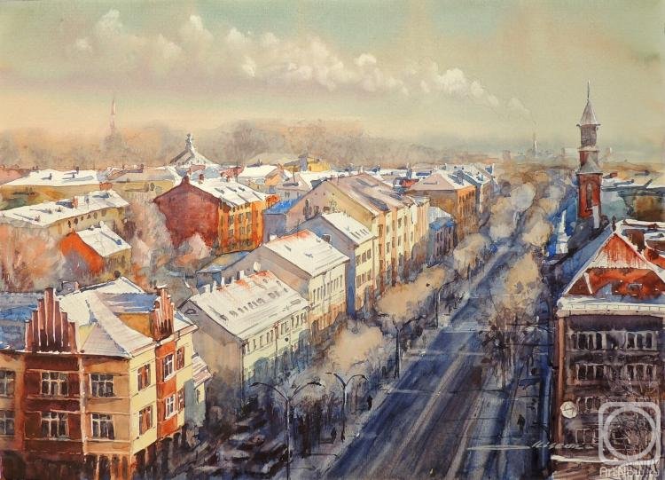 Клайпеда - город, зима, дома, акварель - оригинал