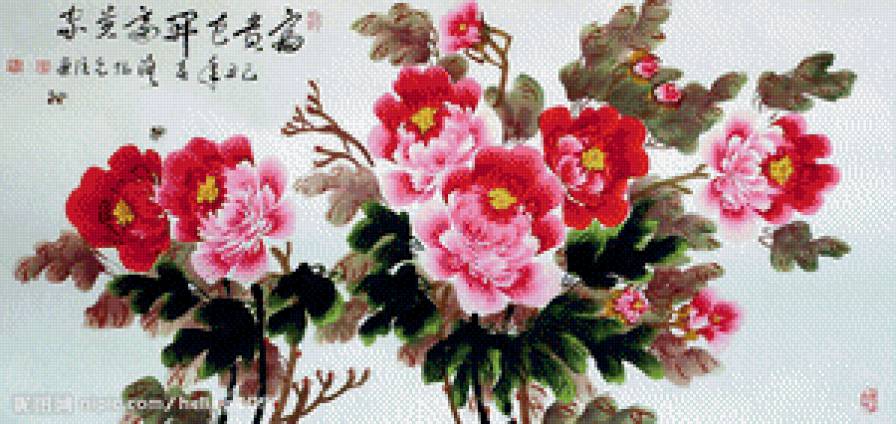 японские цветы - букет, цветы, восток, япония, иероглифы - предпросмотр