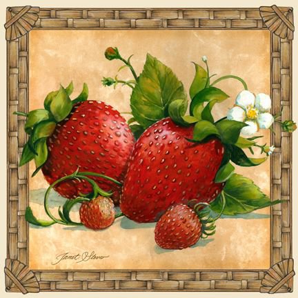 картинка на кухню - листья, ягоды, клубника, цветы, рамка - оригинал