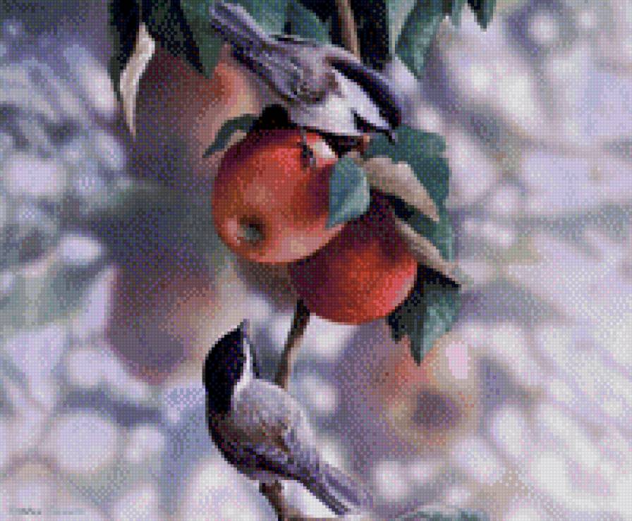 0187 - картина, природа, яблоки, зима, синицы, красота, птицы - предпросмотр