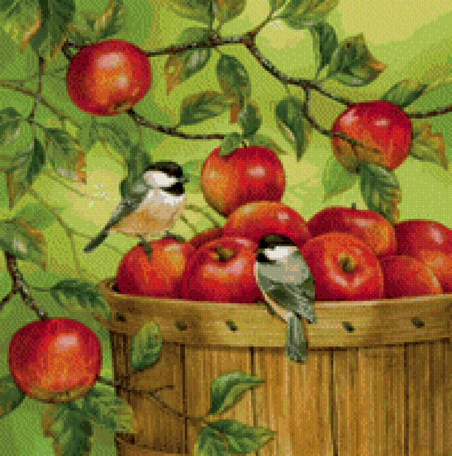 0188 - птицы, яблоки, природа, красота, картина, синицы, лето - предпросмотр