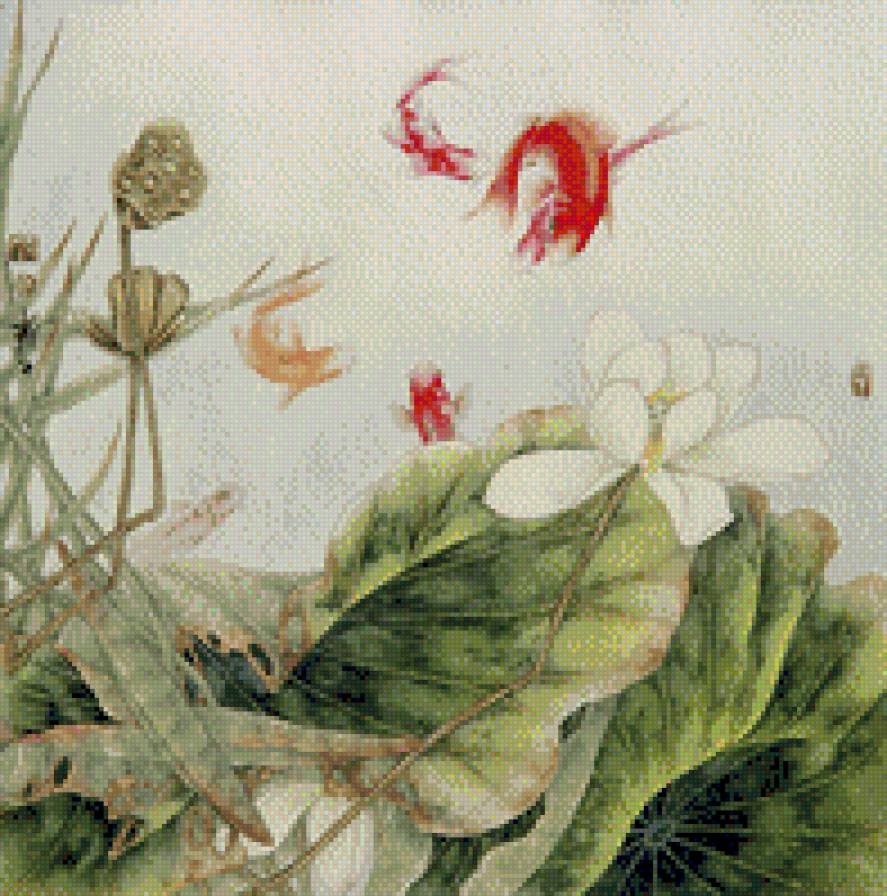 Китайская живопись,  рыбки и лотос - карпы, китайская живопись, лотос, рыбки - предпросмотр