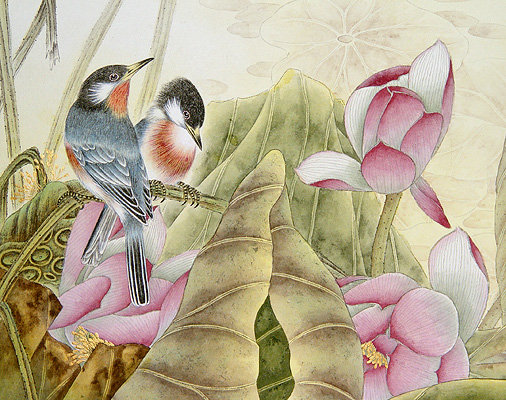Китайская живопись, птички и лотос - китайская живопись, лотос, птицы - оригинал