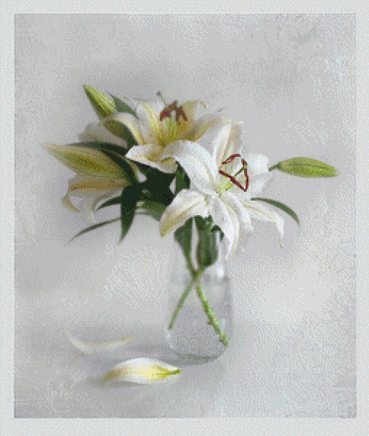 Белый натюрморт - натюрморт, лилии, ваза, белый, бокал - предпросмотр