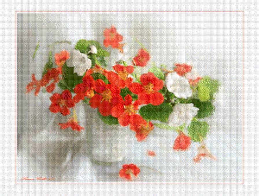 Натюрморт - бокал, цветы, белый, ваза, красный, натюрморт - предпросмотр