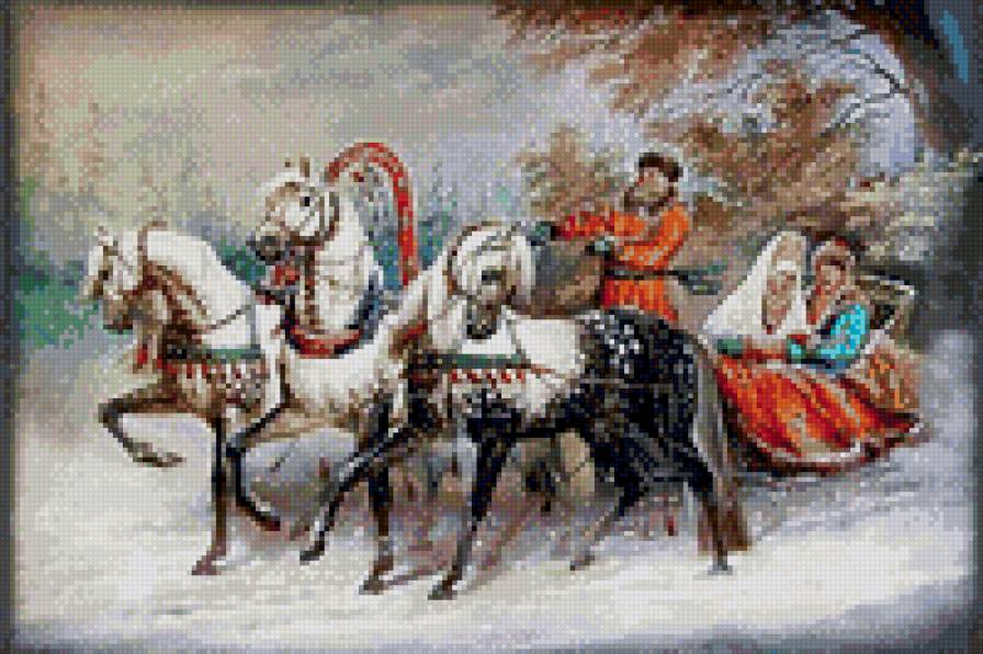 вороные кони - зима, лошади, кучер, любовь, снег, парочка, тройка - предпросмотр