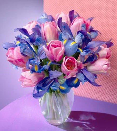 Ириски и тюльпанчики - ваза с цветами, тюльпан, цветы, букет цветов, ирис, нежность - оригинал
