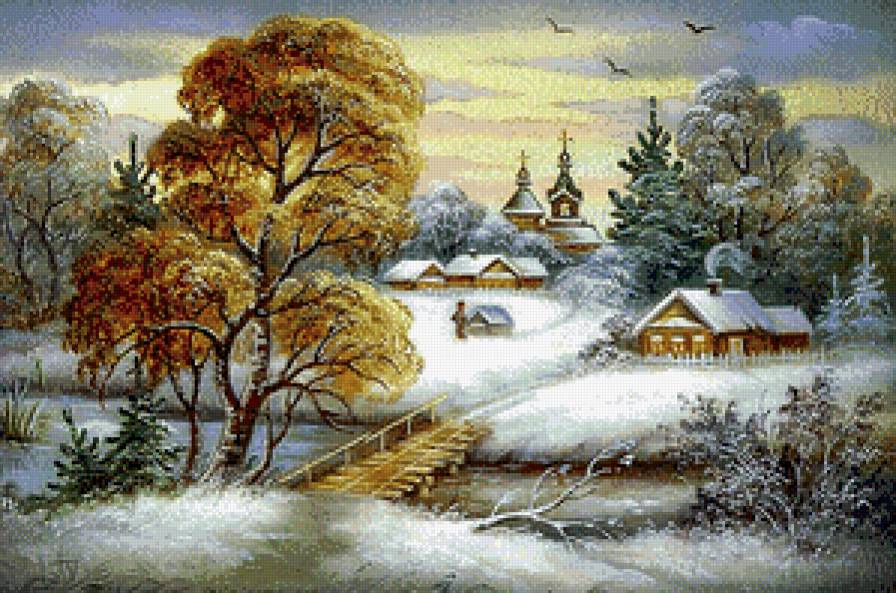 Зимнее село - зима, село, мостик, река, снег, домики, пейзаж - предпросмотр