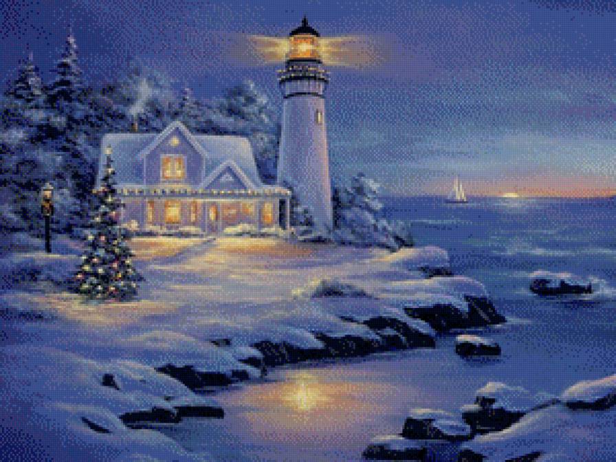 Маяк - рождество, зима, дом, море, маяк - предпросмотр