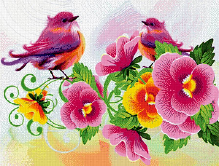 Розовые птички - цветы, птички - предпросмотр